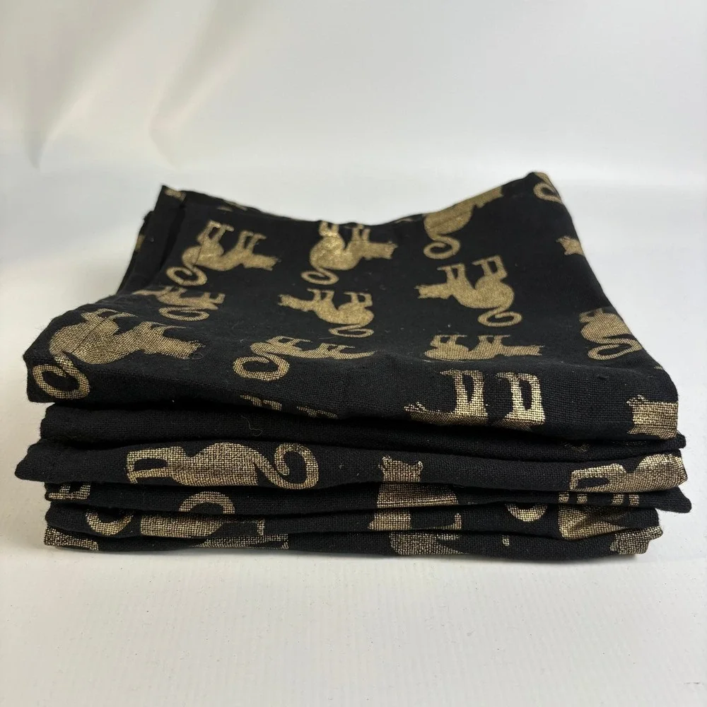 Tahari Home Halloween Black Gold Metallic Cat Cloth Napkins Set of 6 17x18